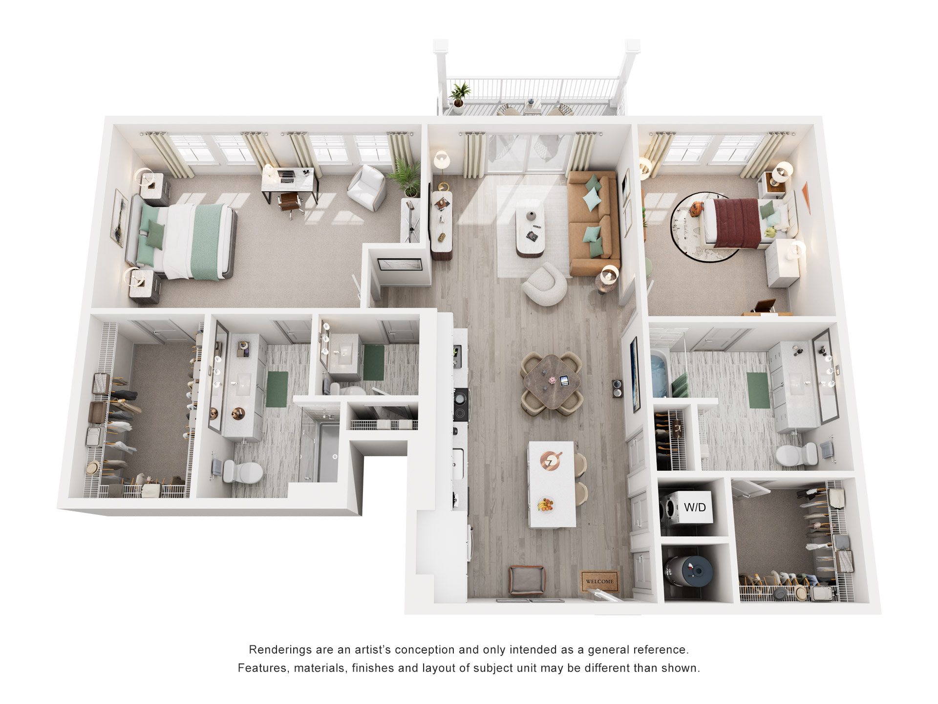 Floor plan for 2 beds, 2.5 baths, 1415 sqft
